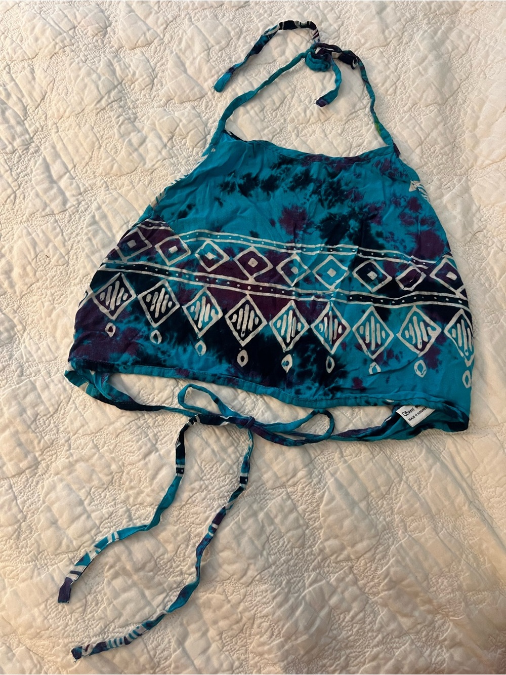 Teal Tie-Dye Halter Crop Top with Tribal Print